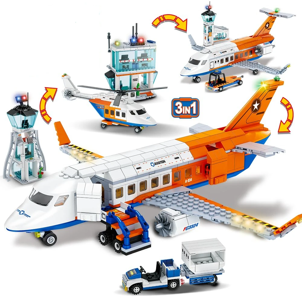 3 in1 City Hospital STEM Building Blocks Sets City Sets Airport Passenger Airplane Police Station Car Bricks Toy for Kids Gift