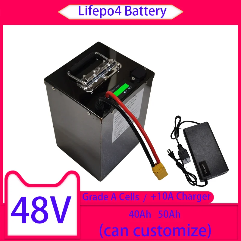 

48V 50Ah Lifepo4waterproof 48v 40AH battery BMS for 2000w Scooter bike tricycle boat backup power +10A charger