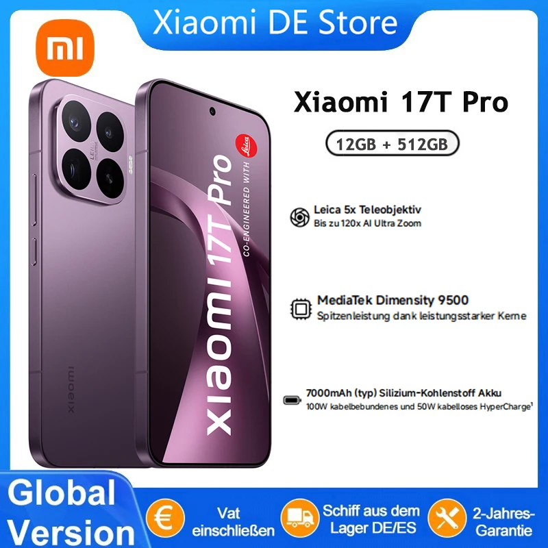 Version Globale Xiaomi 17T Pro, T�l�phone Mobile avec Objectif T�l�objectif Leica 5X, Batterie au Silicium-Carbone 7000 mAh, �cran AMOLED 6,83 pouces, T�l�phone Portable Xiaomi HyperOS