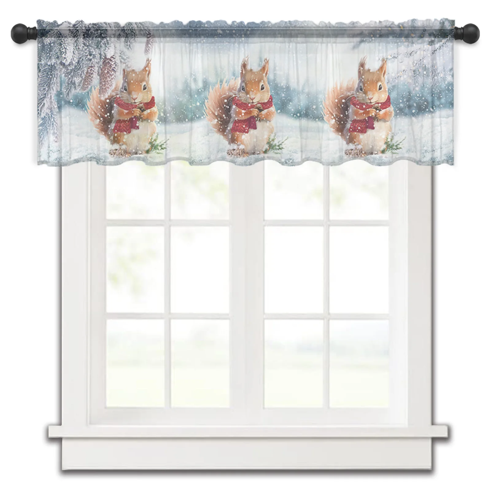 Winter Snow Pine Cone Squirrel Short Tulle Window Curtains Sheer Voile Curtain Kitchen Cabinet Bedroom Home Decor Small Drapes