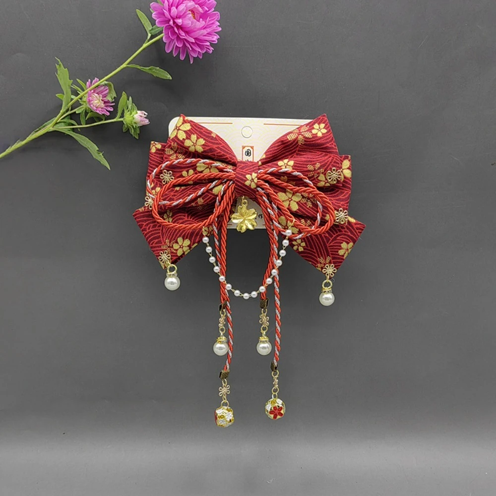 Creative Japanese Style Sakura Bow Hairpin Retro Sweet Bowknot Hair Clip Headdress Tassel Kimono Barrettes Girl