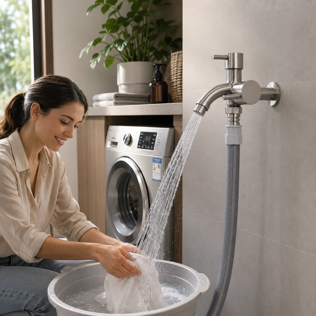 SANIVITAL Dual Control Wall Mount Laundry Tap Stainless Steel Two Way Washing Machine Utility Water Faucet