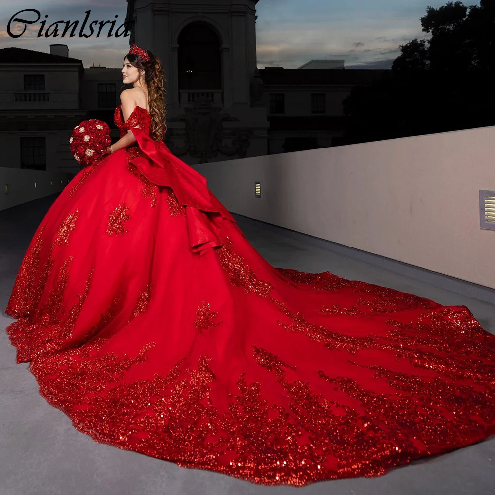 Vermelho fora do ombro vestido de baile lantejoulas, vestidos Quinceanera, pérolas com arco espartilho, apliques de renda, 15 anos