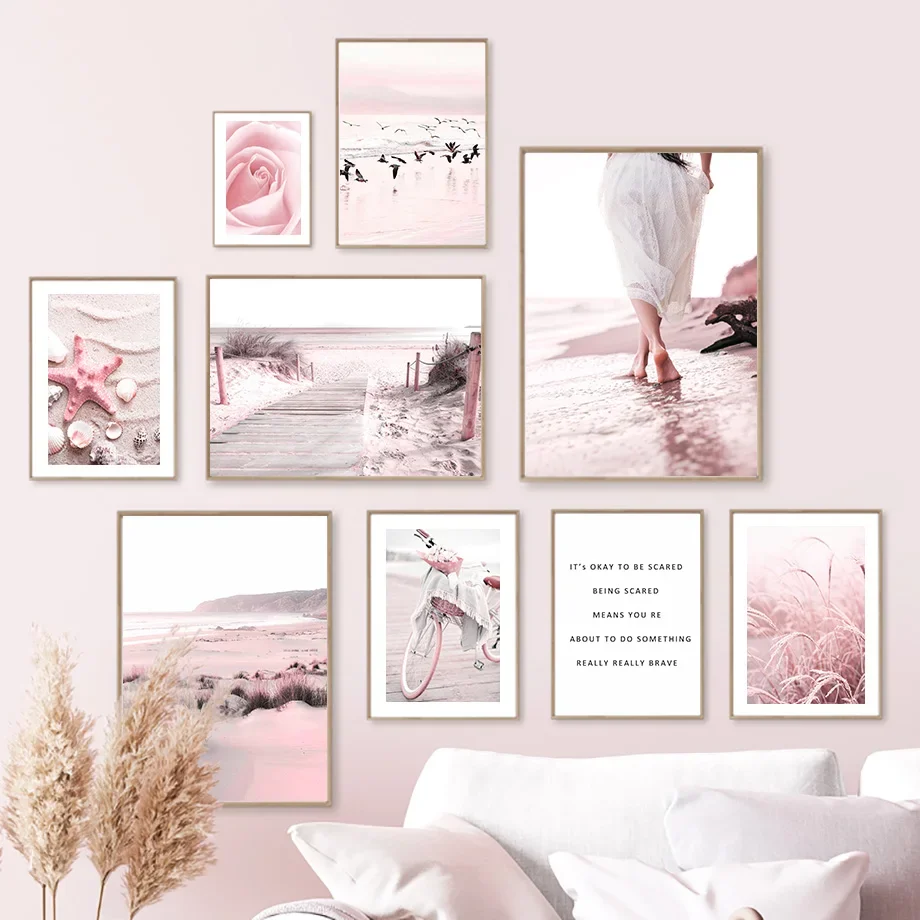 

Pink Beach Girl Starfish Reed Flower Wall Art Canvas Painting Nordic Posters And Prints Pictures For Living Bed Room Home Decor