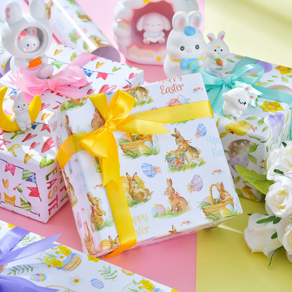 6pcs New Easter Gift Wrapping Paper Cartoon Bunny Chick Kraft Paper Easter Gift Packaging Supplies 50x70cm