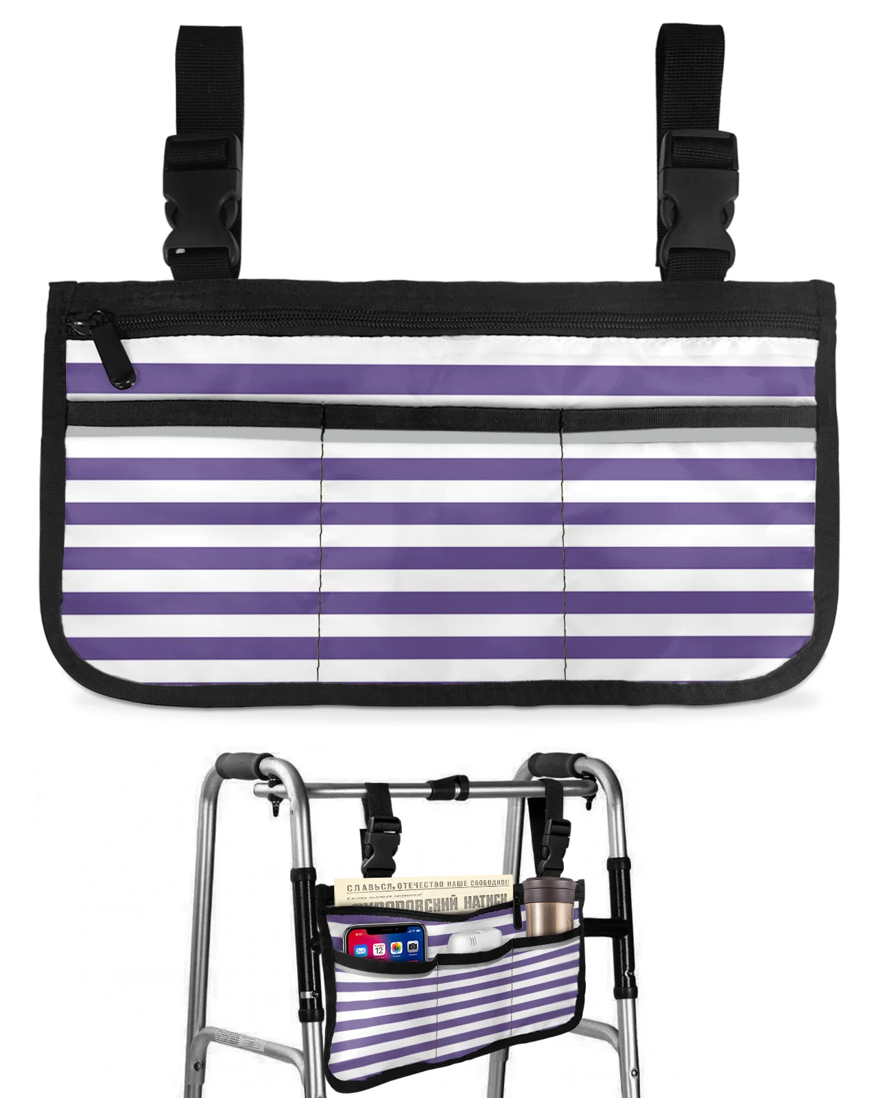 Stripes Purple White Wheelchair Bag With Pockets Armrest Side Bags Electric Scooter Walking Frame Storage Pouch