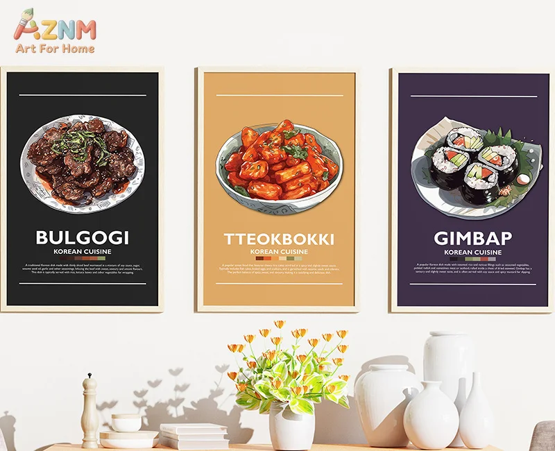 AZNM Frameless Canvas Poster Korean Food Print, Bibimbap Ramyeon Kimchi Stew BBQ Illustration Wall Art Picture for Restaurant Ki - view 3