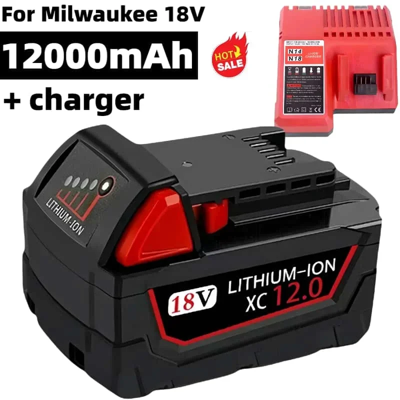 

For Milwaukee M14 M18 Impact Wrench Power Tool Battery, Charger, 18V 6Ah, BR, XC, 18V, M18B5, 48-11-1860, Built-in 18650 Battery