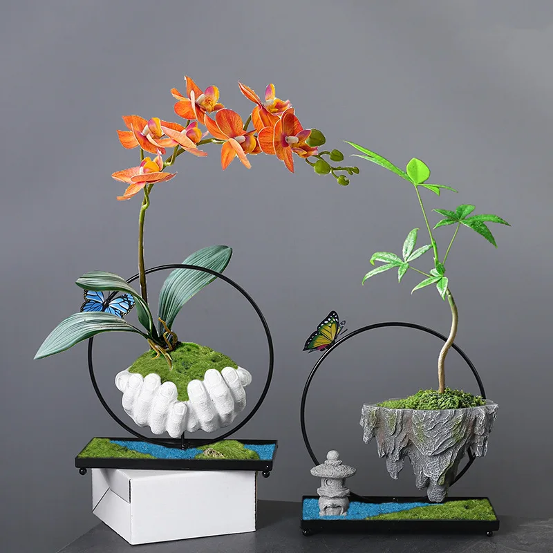 Phalaenopsis flowerpots, money tree bonsai, retro bamboo, indoor floating island, suspended iron art micro-landscape POTS
