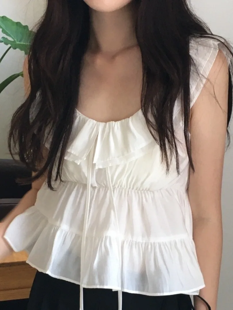 Ceco ter con Pliegues Estilo Coreano, Blusa E de Verano para Mujer, Top Chic con Encaje y Gasa