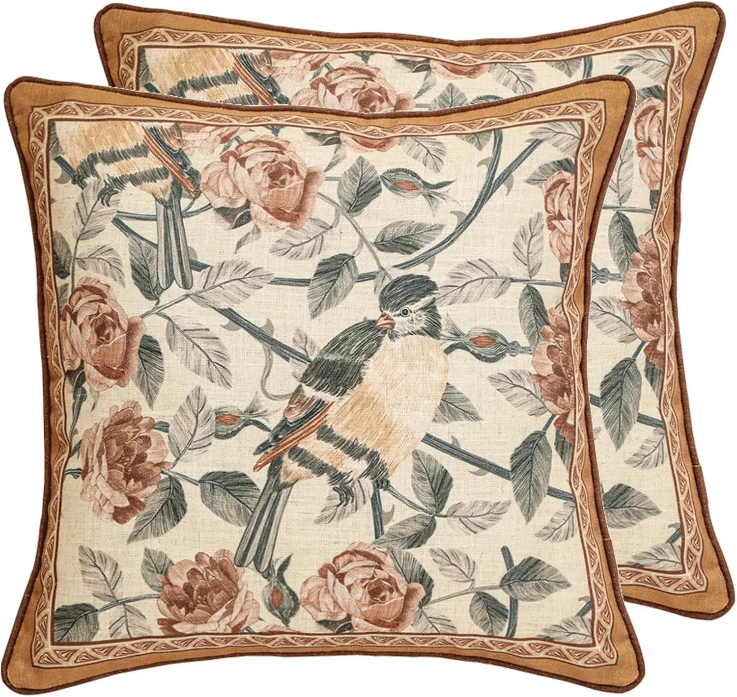 

patdrea Designer Vintage Floral Throw Pillow Covers for Couch Set of 2,Brown Linen Pillowcases with Bird and Rose Pattern Decora