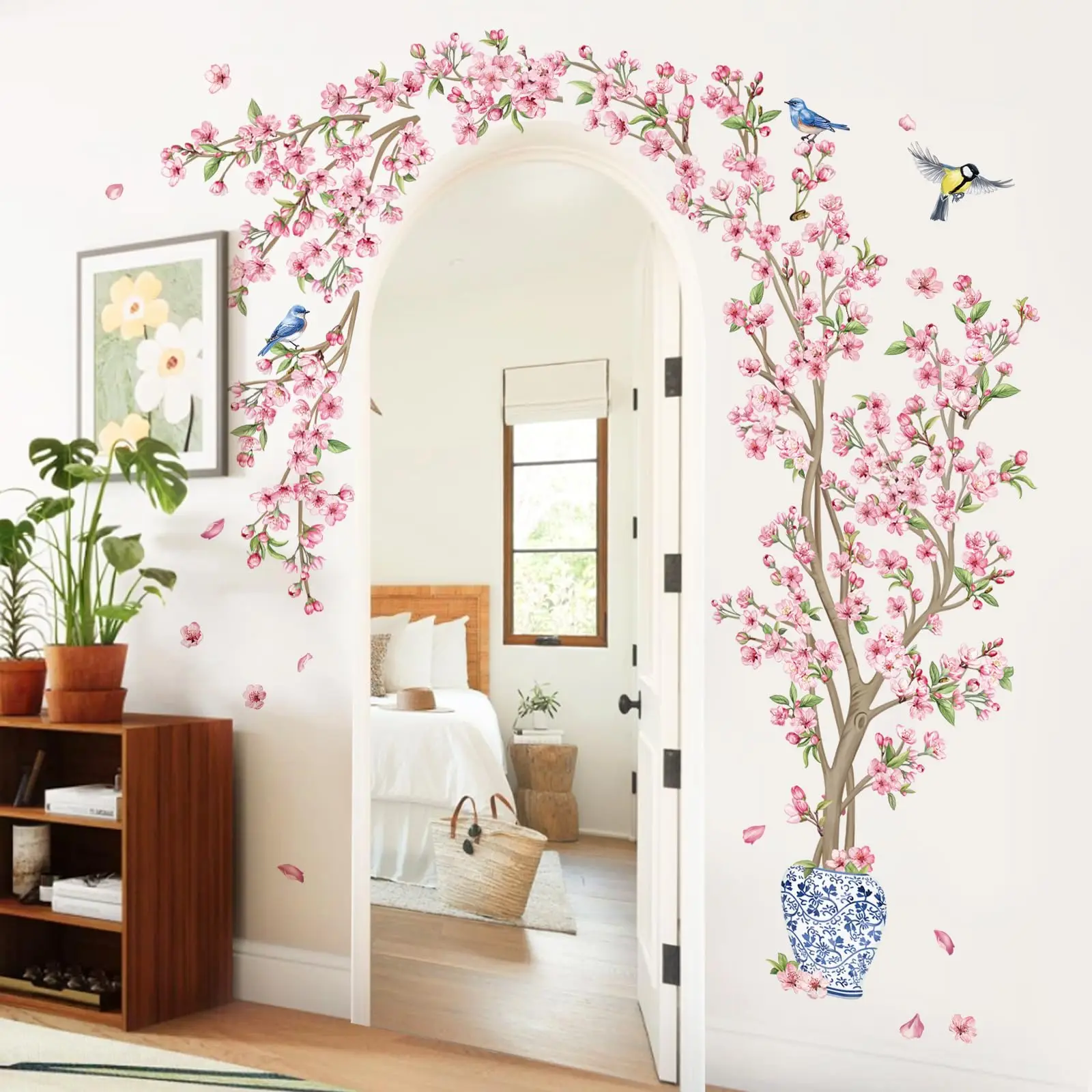 Pink Cherry Blossom Flower Tree Wall Stickers Hanging Floral Tree Branch Birds Wall Decals Living Room Bedroom Tv Background