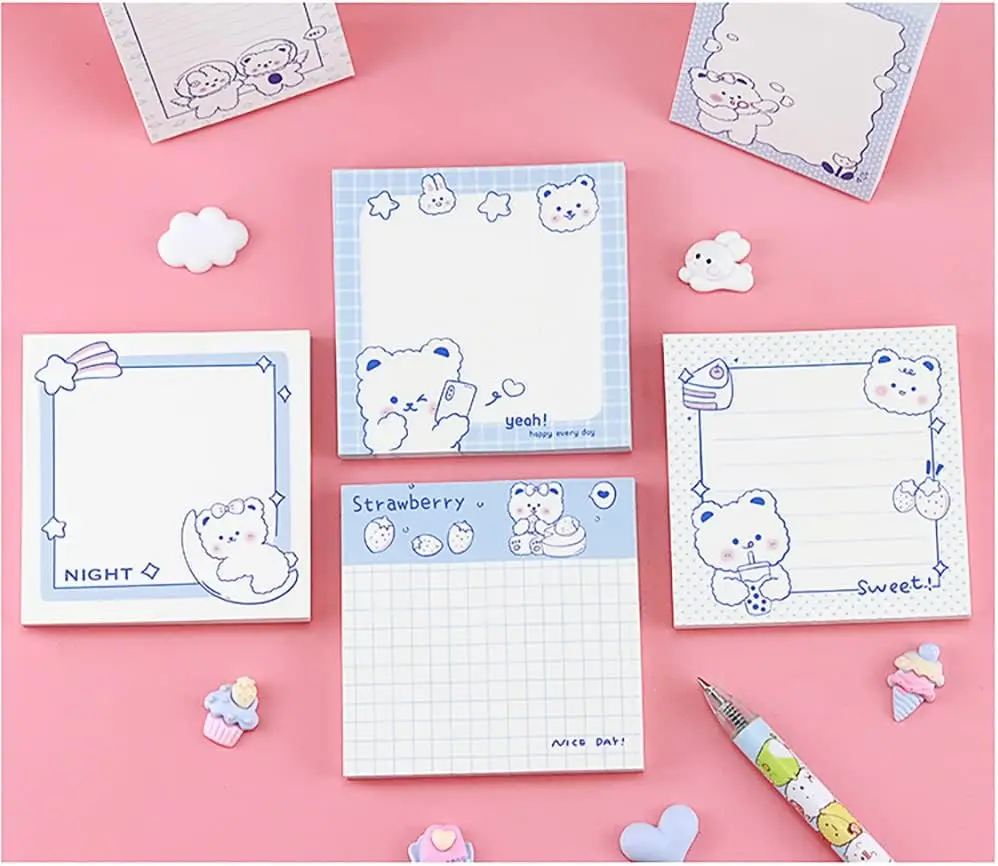 Cute Bear Sticky Notes Kawaii Sticky Notes Memo Pads 3.1x3.1 Inches Fresh Bear Series Self-Stick Note Pads for Girls Boys
