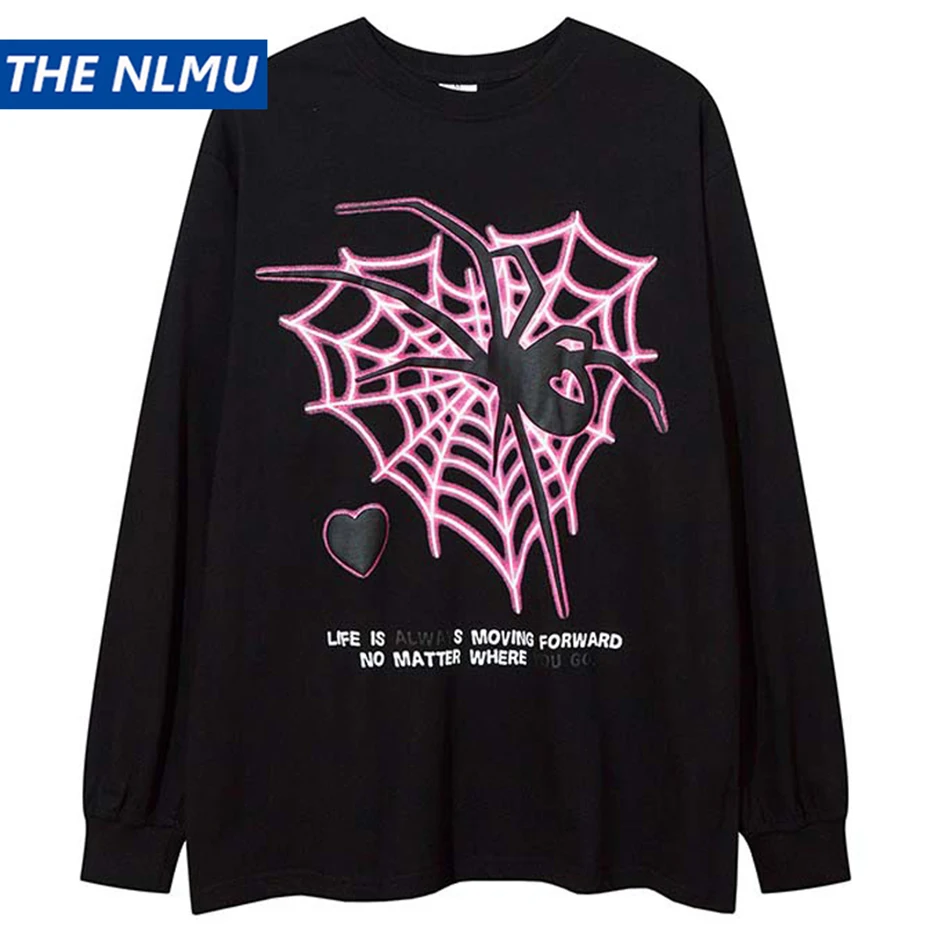 2023 Harajuku Men Punk T Shirts Spider Net Printed Oversized Long Sleeve T-shirt Streetwear Y2K Tee Tops Man Tops Tshirt Black