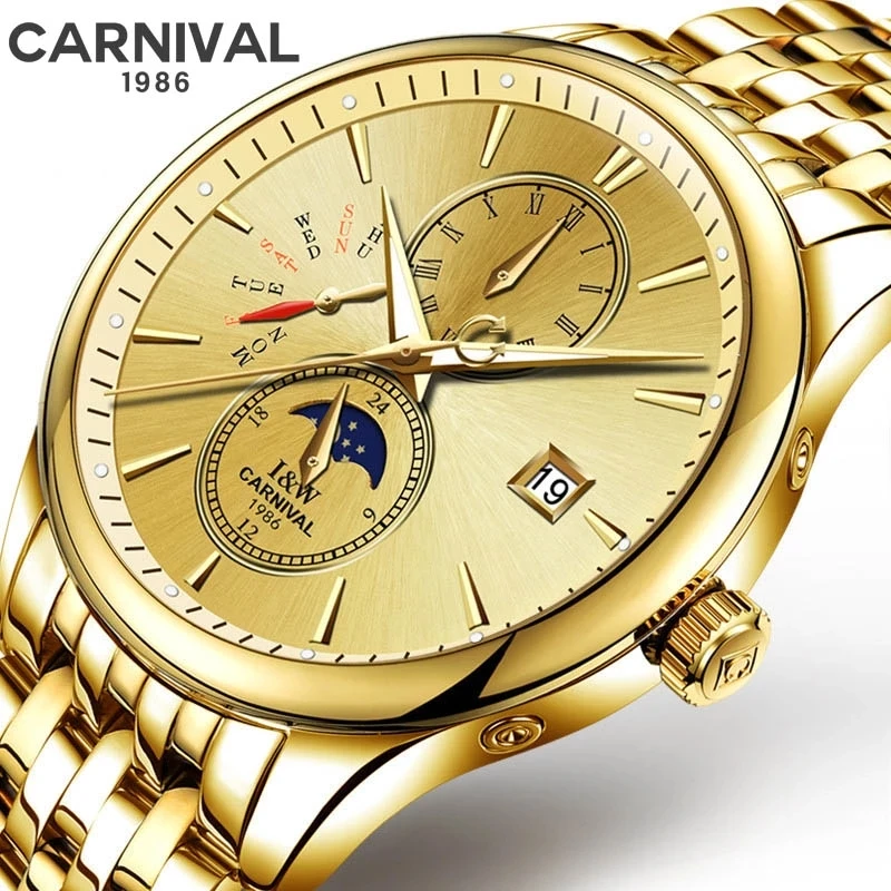 

CARNIVAL Mens Mechanical Watch Brand Luxury Gold Stainless Steel Waterproof Automatic Movement Wristwatches for Men Montre Homme