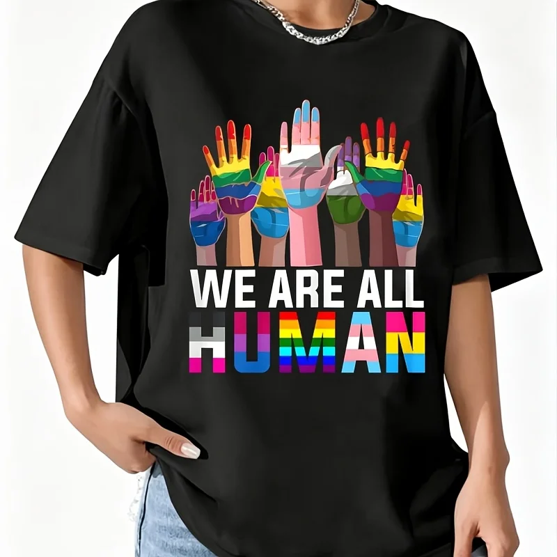 Women Top We Are All Human Lgbt Flag Pride Month  Flag Casual t Shirt Women's 100% Cotton T-Shirt Fun Print Short Sleeve Top Casual Round Neck Tee S-5Xl