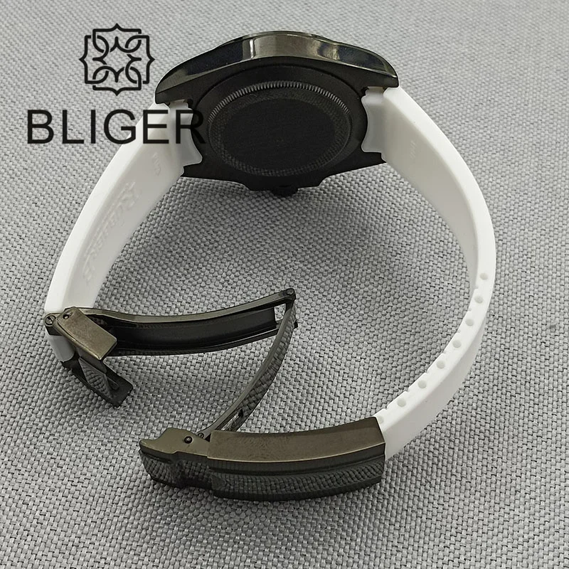 BLIGER 40mm NH35A Automatic Watch For Men White Ceramic Bezel Black PVD Coat Case Green Luminous Date Magnified Rubber Strap