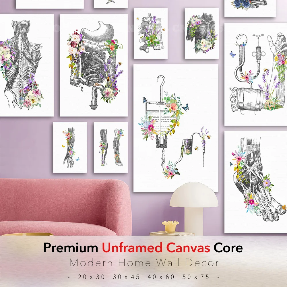 Vintage Medical Canvas Wall Art Floral Anatomy Spine Stomach Vertebrae Lungs Muscles Foot Bones Dining Room Modern Home Accent