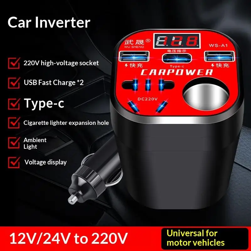 Multi-function Car Power Inverter 12V/24V to 220V Converter LED Display Universal Socket for Family Road Trip Travel Use