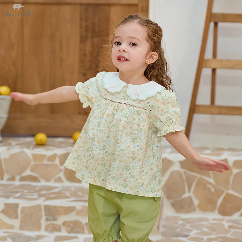 

Dave Bella Детский комплект из топа и брюк Лето-Весна для девочек из чистого хлопка с короткими рукавами Комплект из двух предметов с цветочным принтом Детская одежда DB2251384