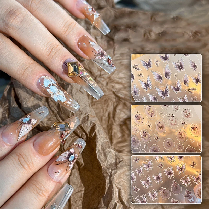 Maillard Semi Transparent Hollow Purple Butterfly Nail Stickers 3D Relief Stars Hollow Waterproof Nail DIY Decoration