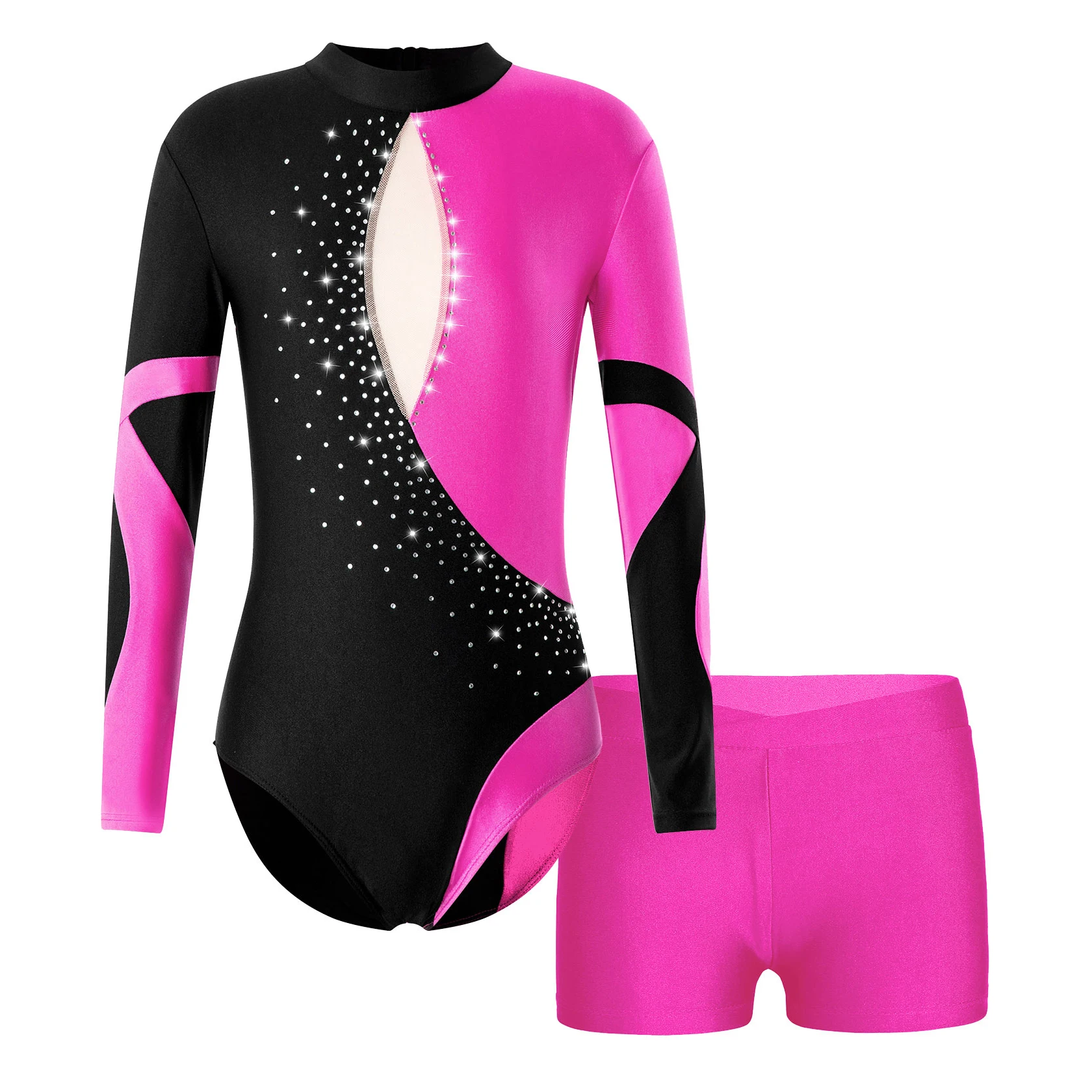 Children Long Sleeve Gymnastics Jumpsuits Ballet Dance Outfit Kids Girls Shiny Rhinestones Ballet Dance Leotard with Shorts