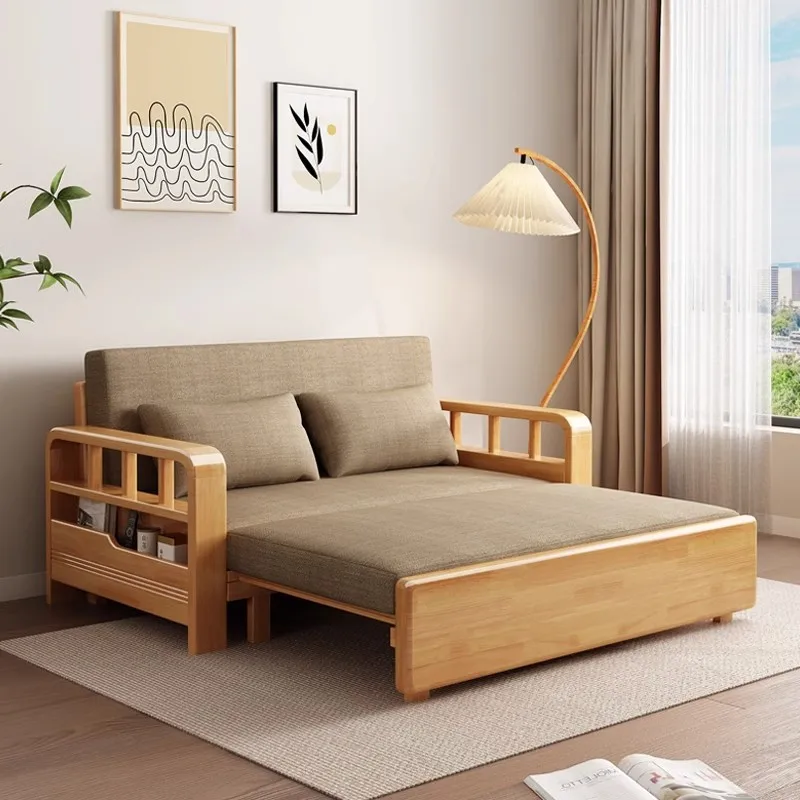 

Solid wood foldable sofa bed dual-purpose living room multi-functional small apartment sitting single bed removable and washable