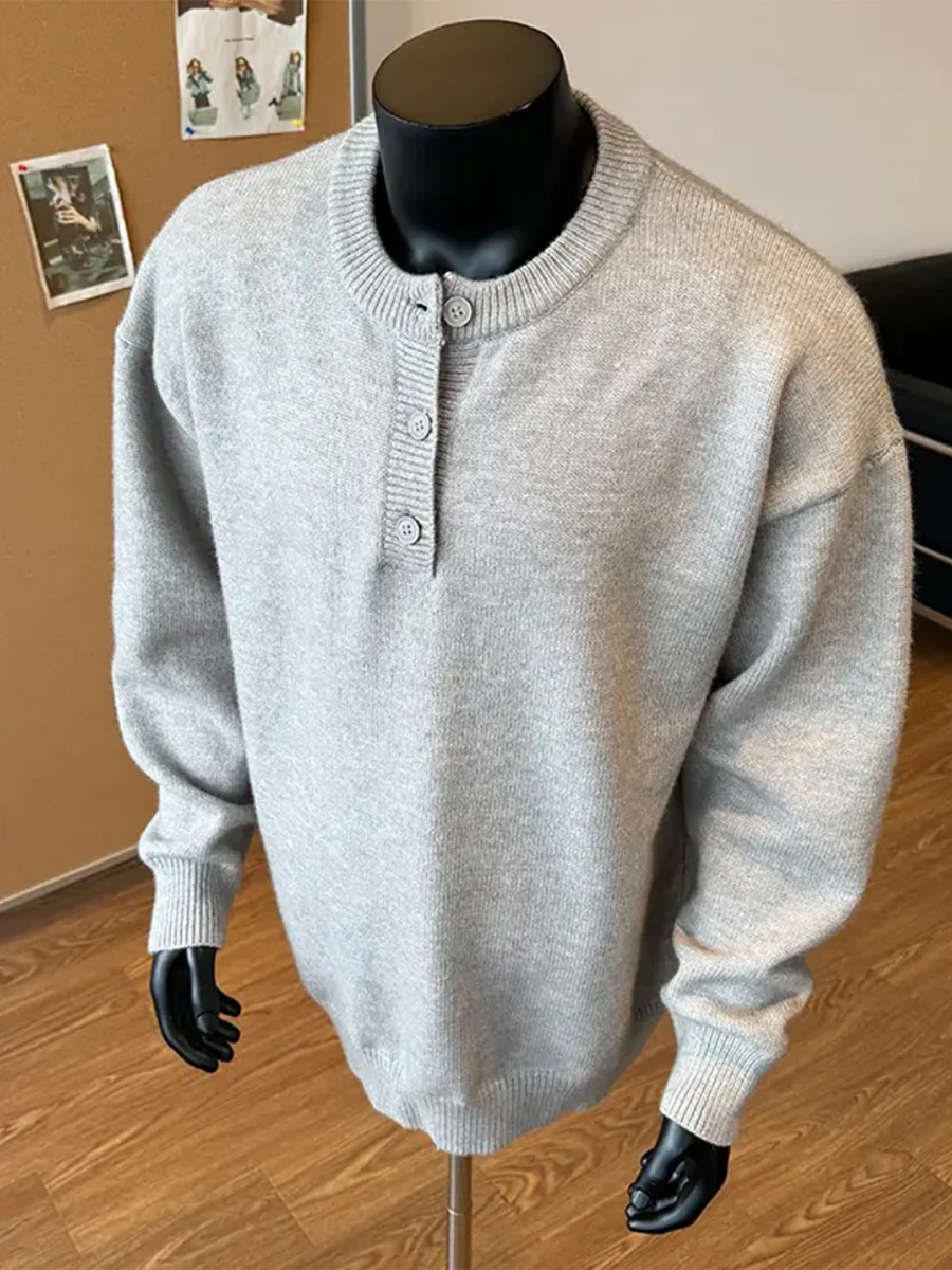 

Мужской вязаный свитер с воротником-хенли, теплый зимний свитер, модный городской стиль, из полиэфирного волокна, с длинными рукавами, для повседневной носки.