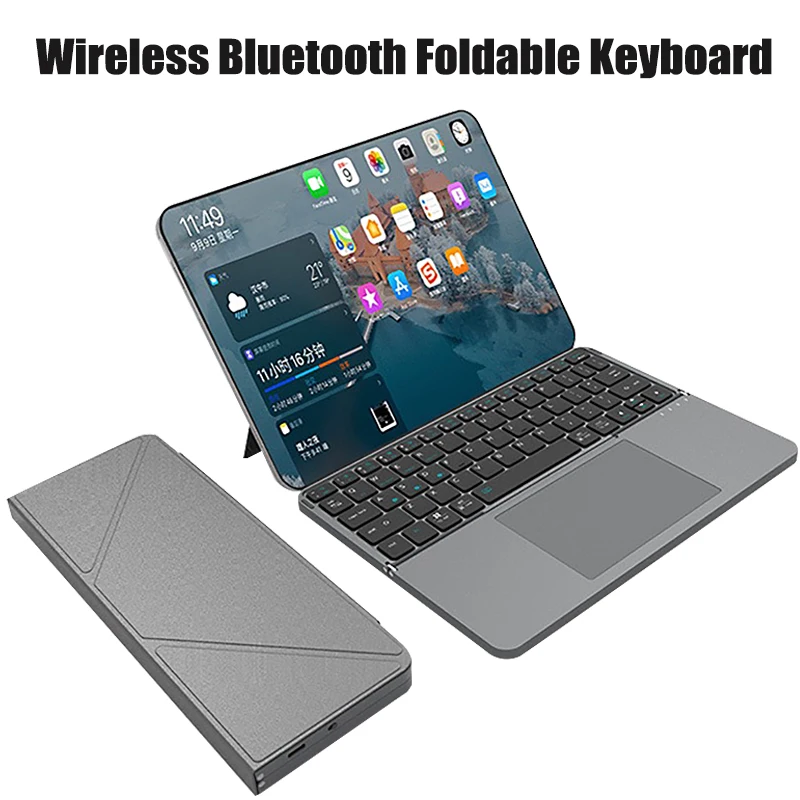 Bluetooth Wireless Folding Keyboard with Touchpad Leather Cover Bracket 64 Keys Suitable for Tablet IPad Cover