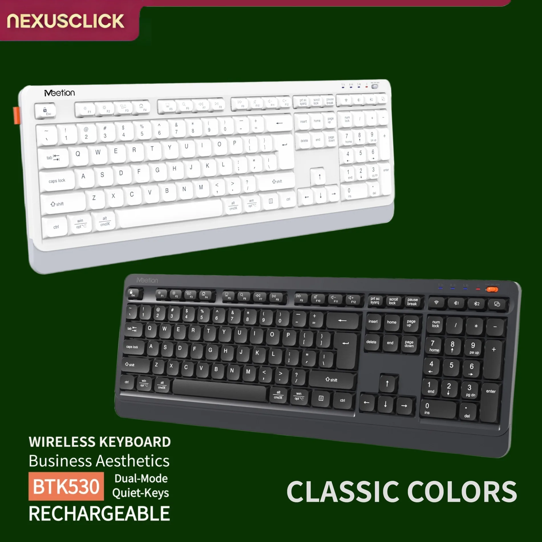 NexusClick Dual Mode 2.4G Wireless Bluetooth Low Profile Keyboard Rechargeable Full Size Ergonomic Silent Keycap for Home Office