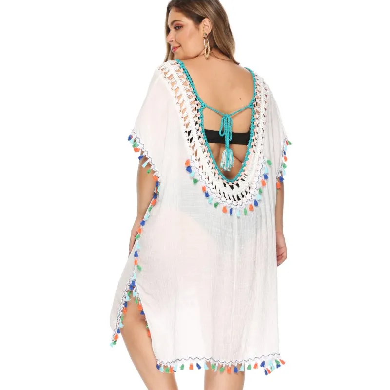Large size women's color tassel hand hook splicing hollow sexy back loose beach smock dress women