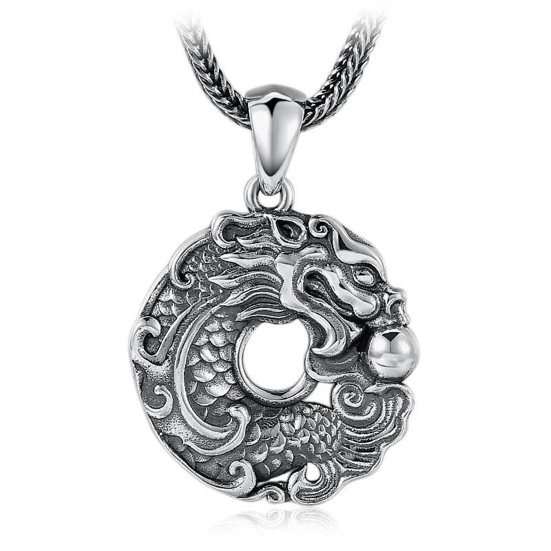 S925 Sterling Silver Ethnic Style Retro Peace Dragon Pendant for Men and Women Talisman Dragon Fish Peace Necklace Pendant