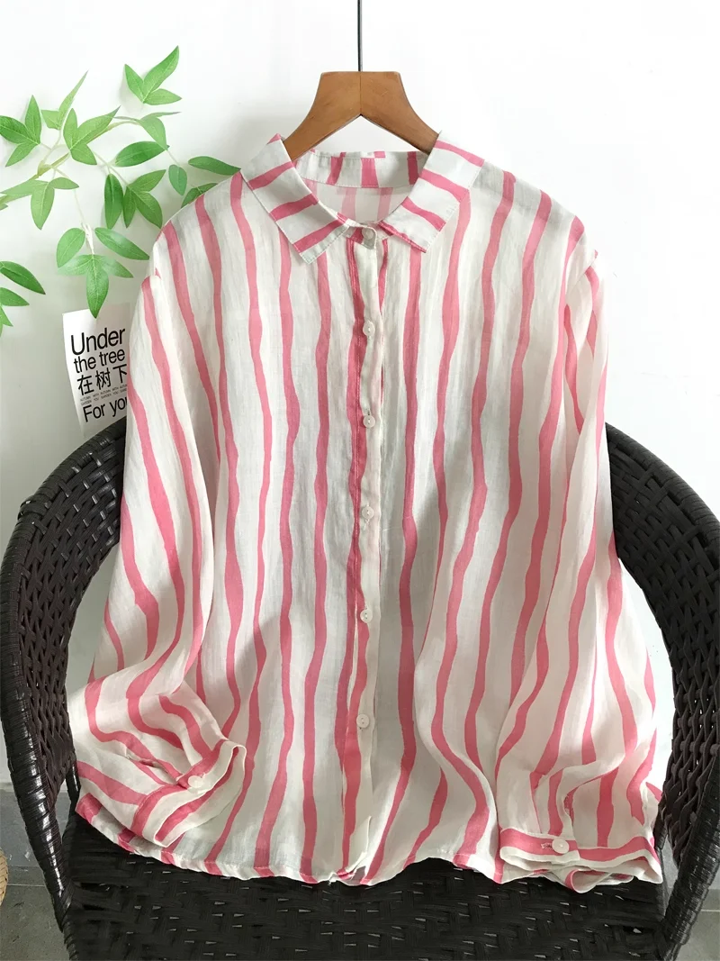 

Enianechu 100% чистые рубашки в розовую полоску Ramie, дизайнерские дышащие женские блузки, осенняя женская одежда