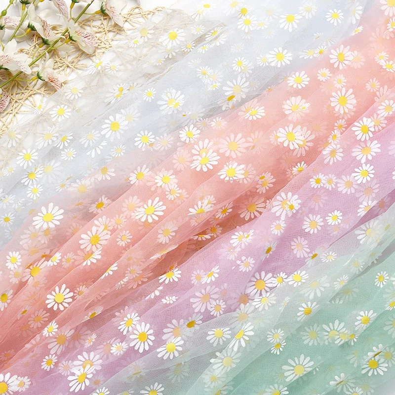 160cm Width Daisy Printing Organza Fabric for Girls Summer Dress Princess Dress Handmade DIY Curtain Clothing Decoration Fabric