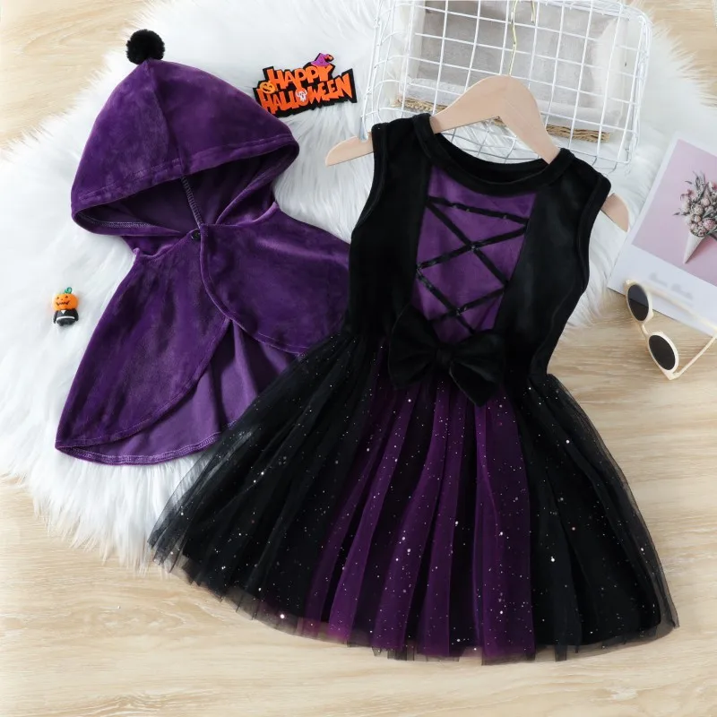 Halloween Girls Pumpkin Spooky Cape+Sleeveless Dress Set Children Tulle Dresses Ball Gown Dress Lace Cloak Outfit Witch Costume