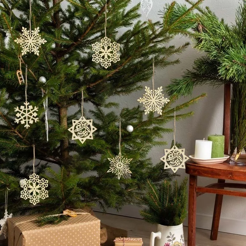 10pcs Wooden Snowflake Chips DIY Christmas Tree Decoration Hanging Pendants Xmas Navidad Natal Home Ornament 2024 New Year Gifts