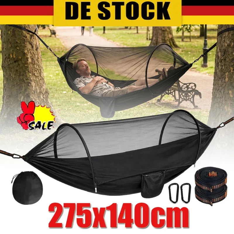 Hamac anti-retournement noir 275×140CM, ouverture rapide automatique, moustiquaire intégrée, résistant au vent, conception anti-roulement, protection respirante contre les insectes, hamac-tente ultraléger, portable, pliable, lit suspendu pour jardin, patio, camping, randonnée, bushcraft, détente en plein air