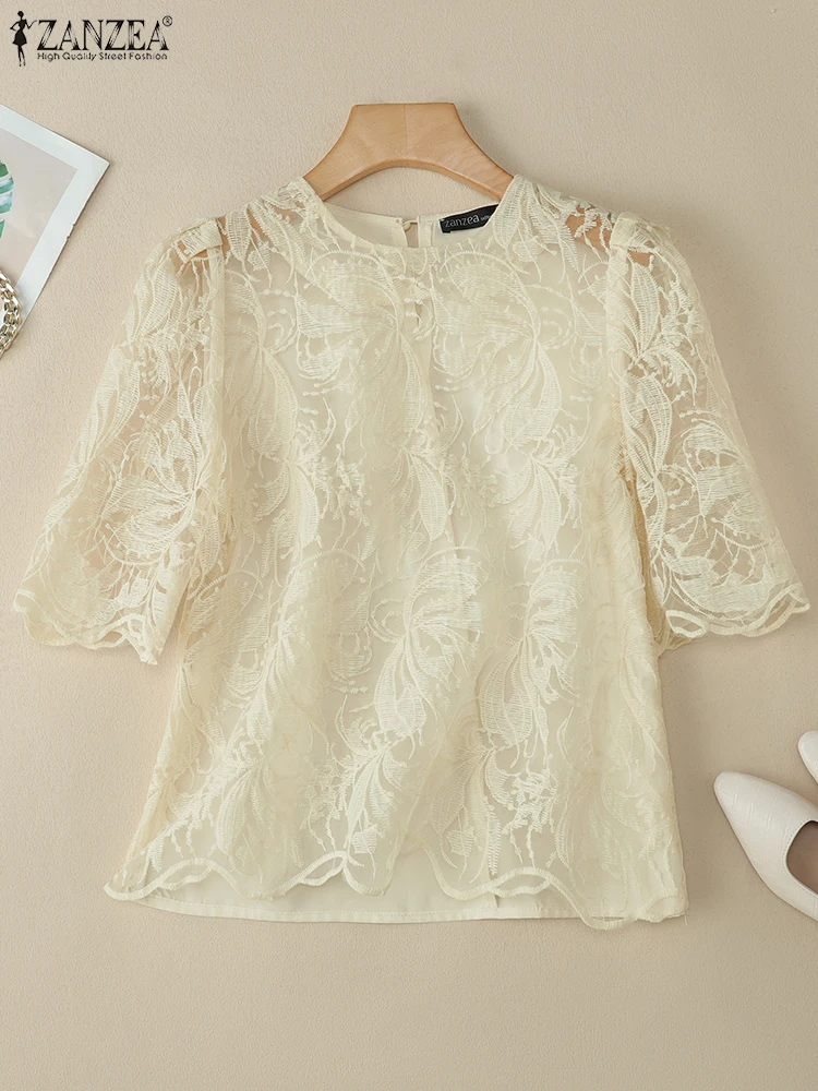 Frauen Sommer Spitze Patchwork Bluse ZANZEA Elegante Büro Arbeit Hemd Mode O Hals Kurzarm Blusas Casual Urlaub Tops Tunika