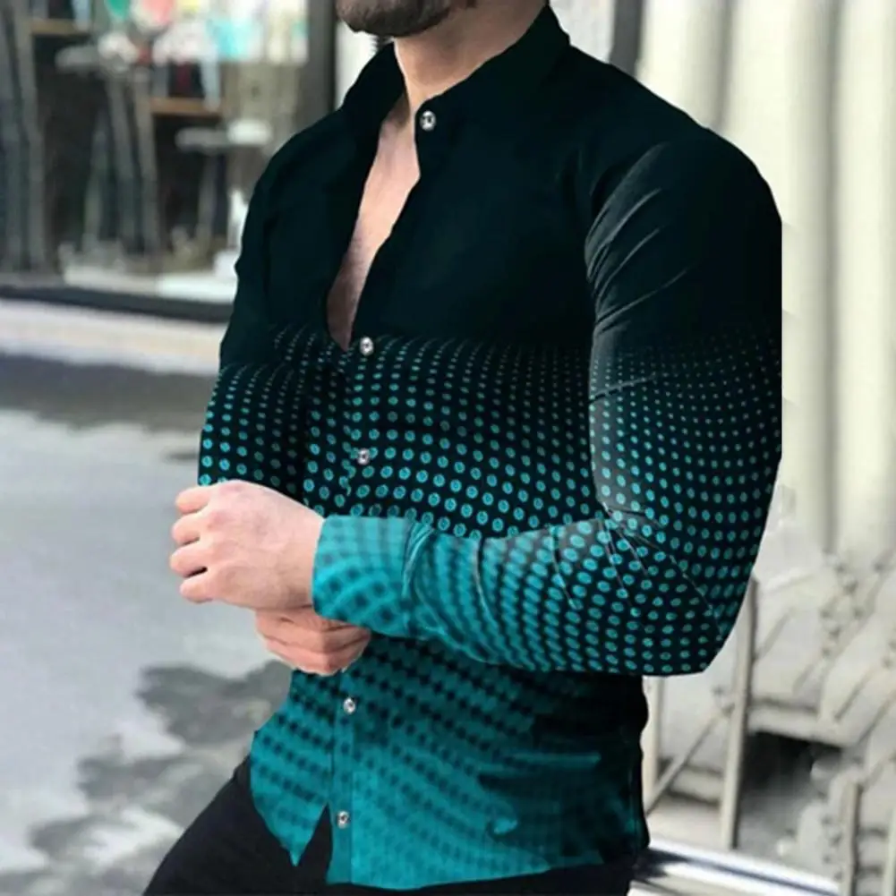 Camisa con estampado gradiente para hombre, Camisa ajustada con solapa, botones transpirables, estampado Digital, informal, a la moda, para negocios y redes sociales