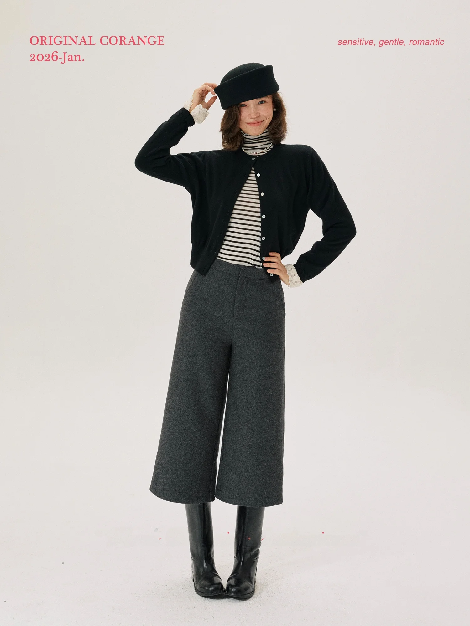 

Ele Deep ey A-Line Woolen Boot Trousers Corange Slimming High Waist Zipper Casual Pants for Women And Girls