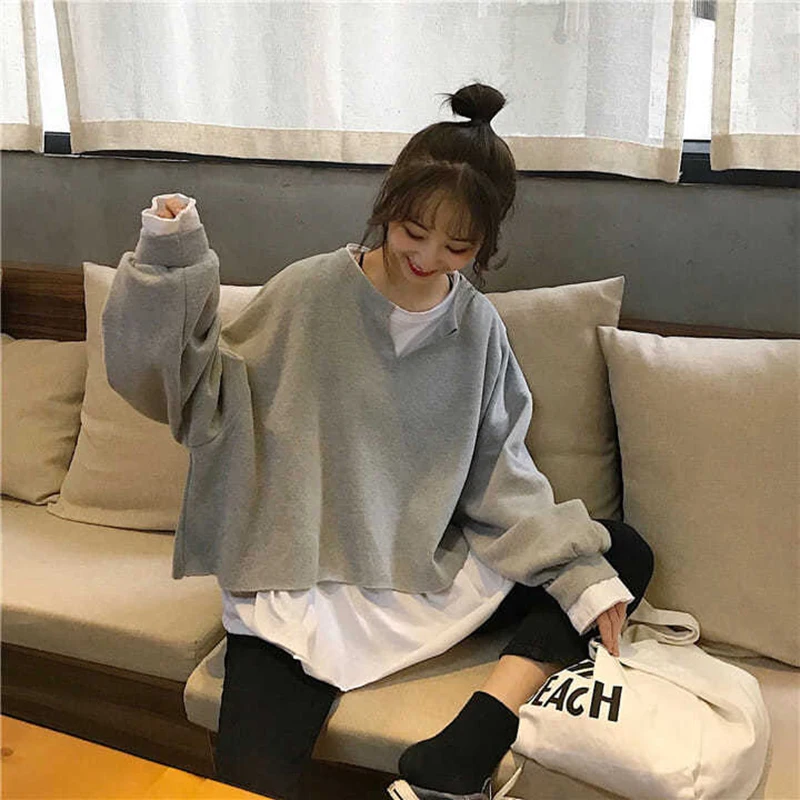 

Fall Women Fake Two Piece Long Sleeve T Shirt Korean Fashion Loose All-match Spliced Thin Pullovers Campus Traveling Grey Coffee