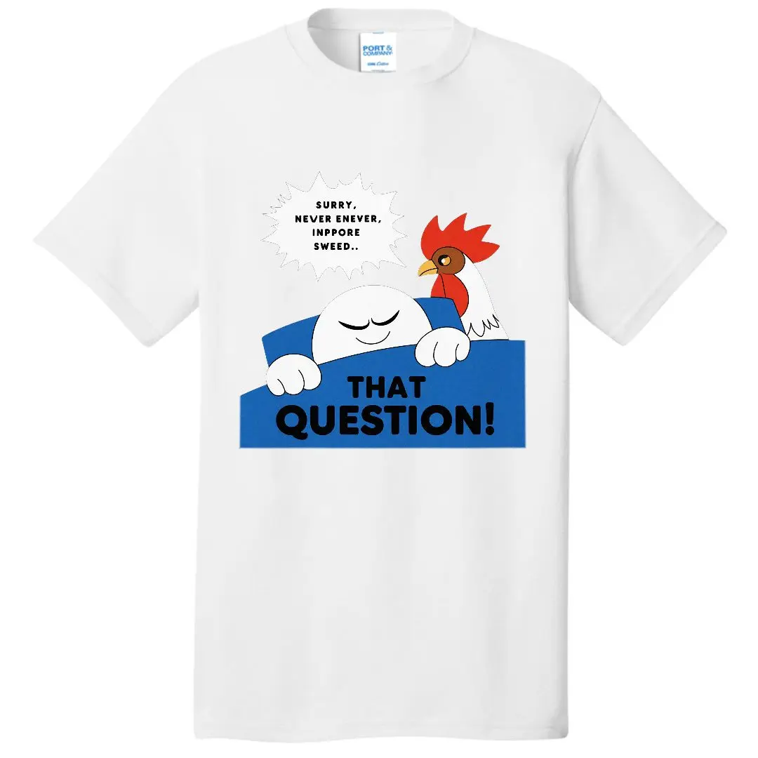 Cartoon Character & Rooster Graphic White T - Shirt, Casual Crew Neck Cotton T - shirt with Blue Rectangular Speech Bubble Desig