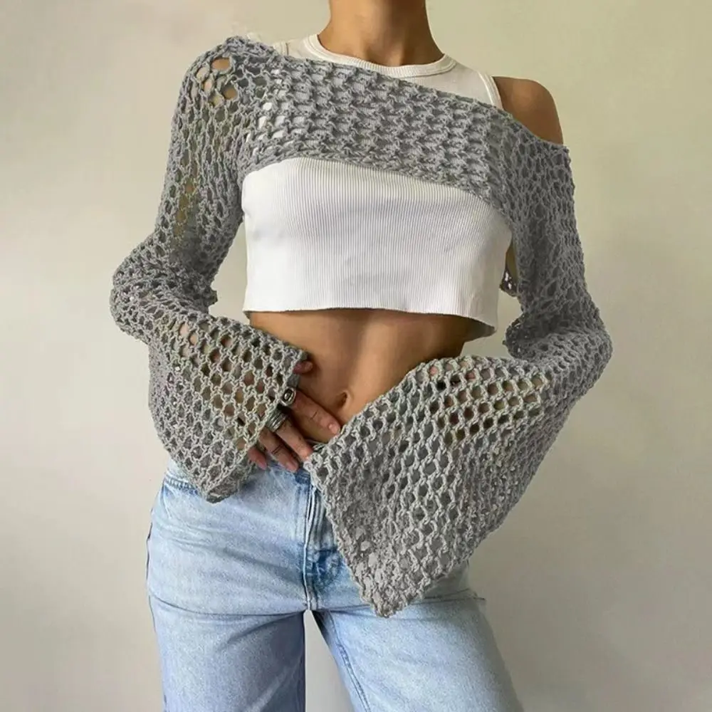 Y2k Ärmel Achsel zucken Pullover weiche Acryl fasern Frauen häkeln Crop Top bequeme Langarm Pullover Rundhals ausschnitt Achsel zucken Pullover