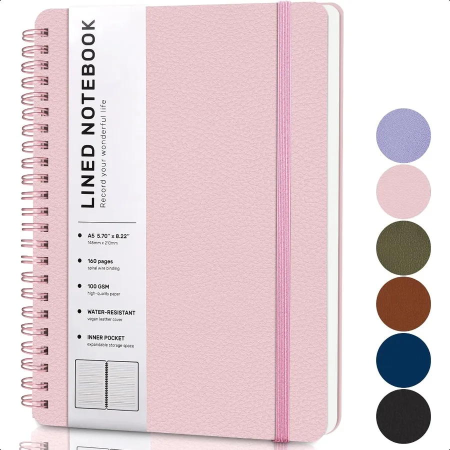 دفتر ملاحظات مُجلّد حلزوني مبطن مقاس A5 دفتر ملاحظات جلدي بغلاف مقوى للعمل مقاس 5.7 بوصة × 8.2 بوصة 100 جرامًا ورق سميك حلزونيًا غير يوميًا