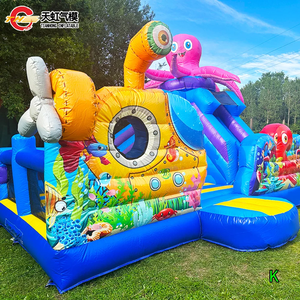 Zamek dmuchany z motywem Sea World, zjeżdżalnia, plac zabaw, 6x5m, wytrzymały, dmuchany zamek z ośmiornicą, zjeżdżalnia i przeszkodami.