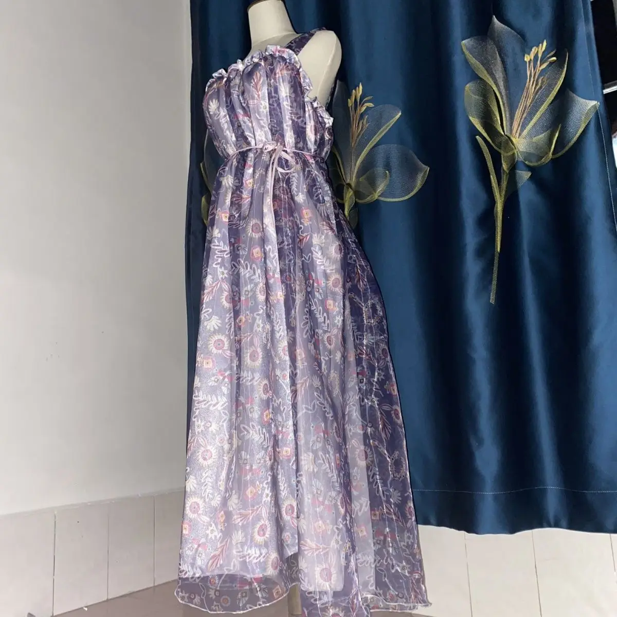 2 Layers Voile Outside Ice Silk inside Floral Print Glossy Sexy Women Satin Long Dress Loose Maxi Dress Elegant Dresses