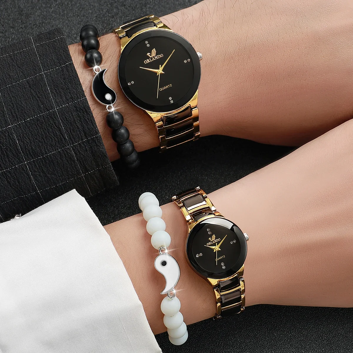 Nail scale couple watch fashion trend business men's British style steel band quartz watch+yin-yang bracelet