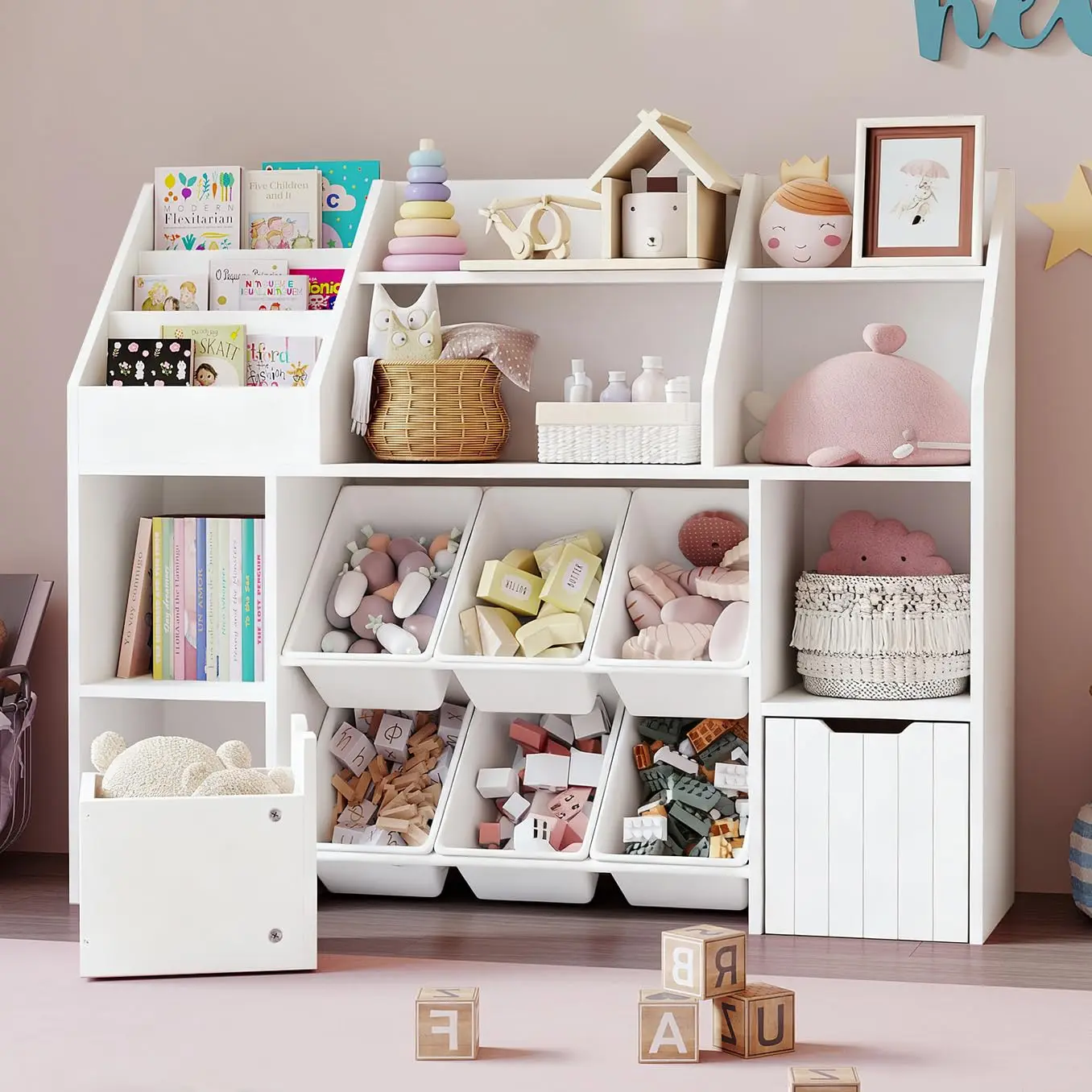 

Kids Bookshelf and Toy Storage Organizer with 2 Movable Drawers, 6 Toy Bins & Open Display Shelves, 4-in-1 Kids, Customized