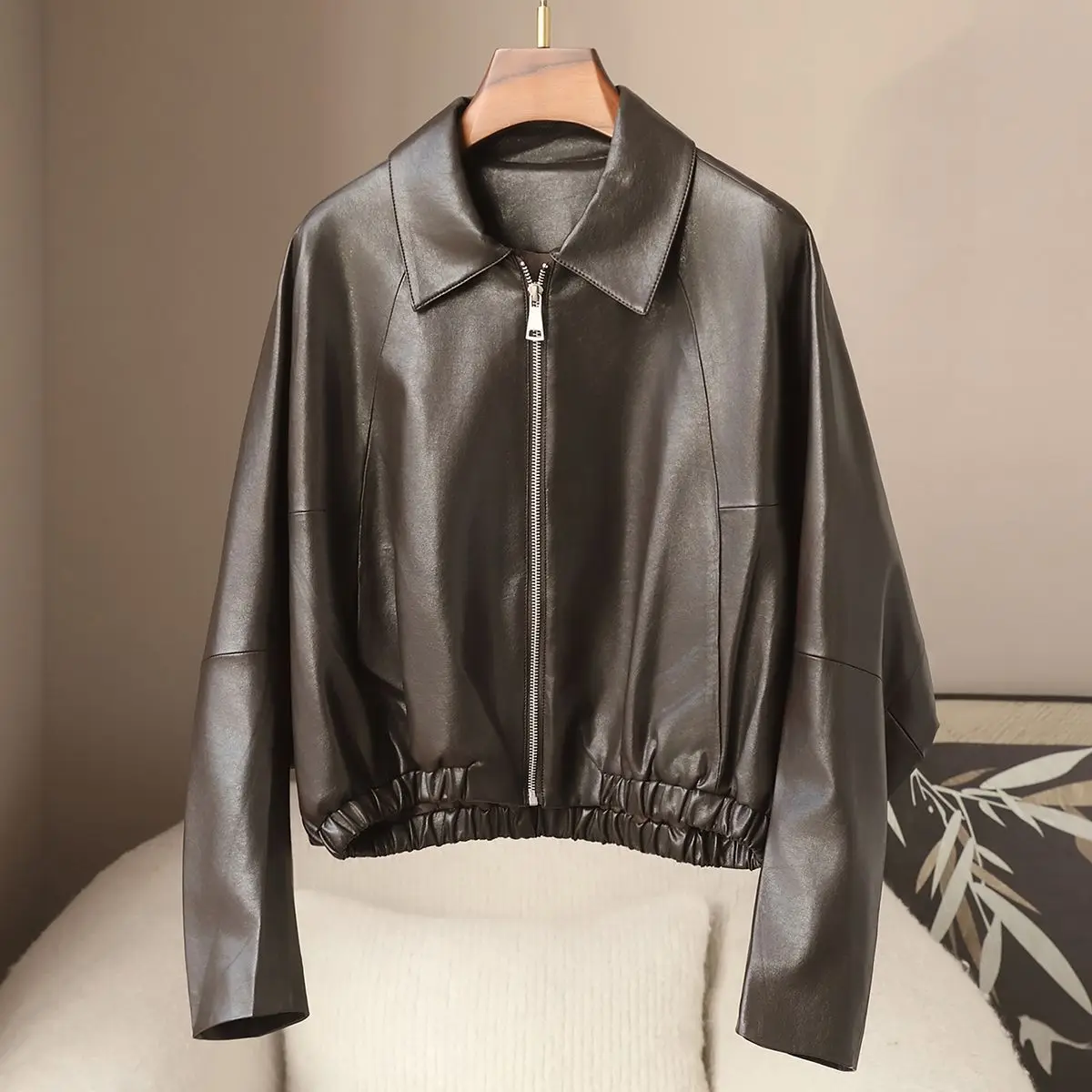 Spring New Retro Casual Pu Leather Jacket with Bat Sleeves American Style Coat for Women