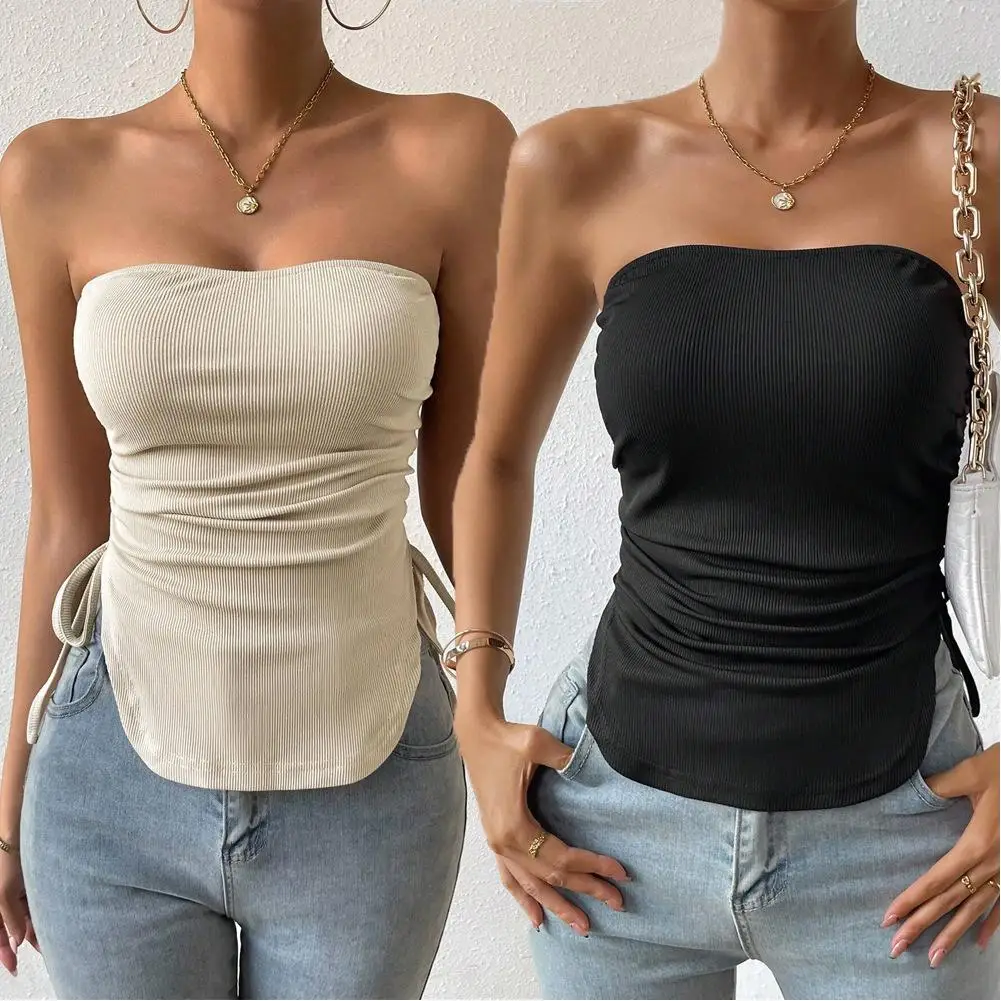 

Women’s Strapless Sleeveless Tube Top Ruched Slim Fit Side Drawstring Lace Up Bandeau Cami Tank Tops